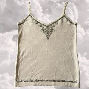 2000s Y2K beaded sequin silk white whimsical boho tank top size L